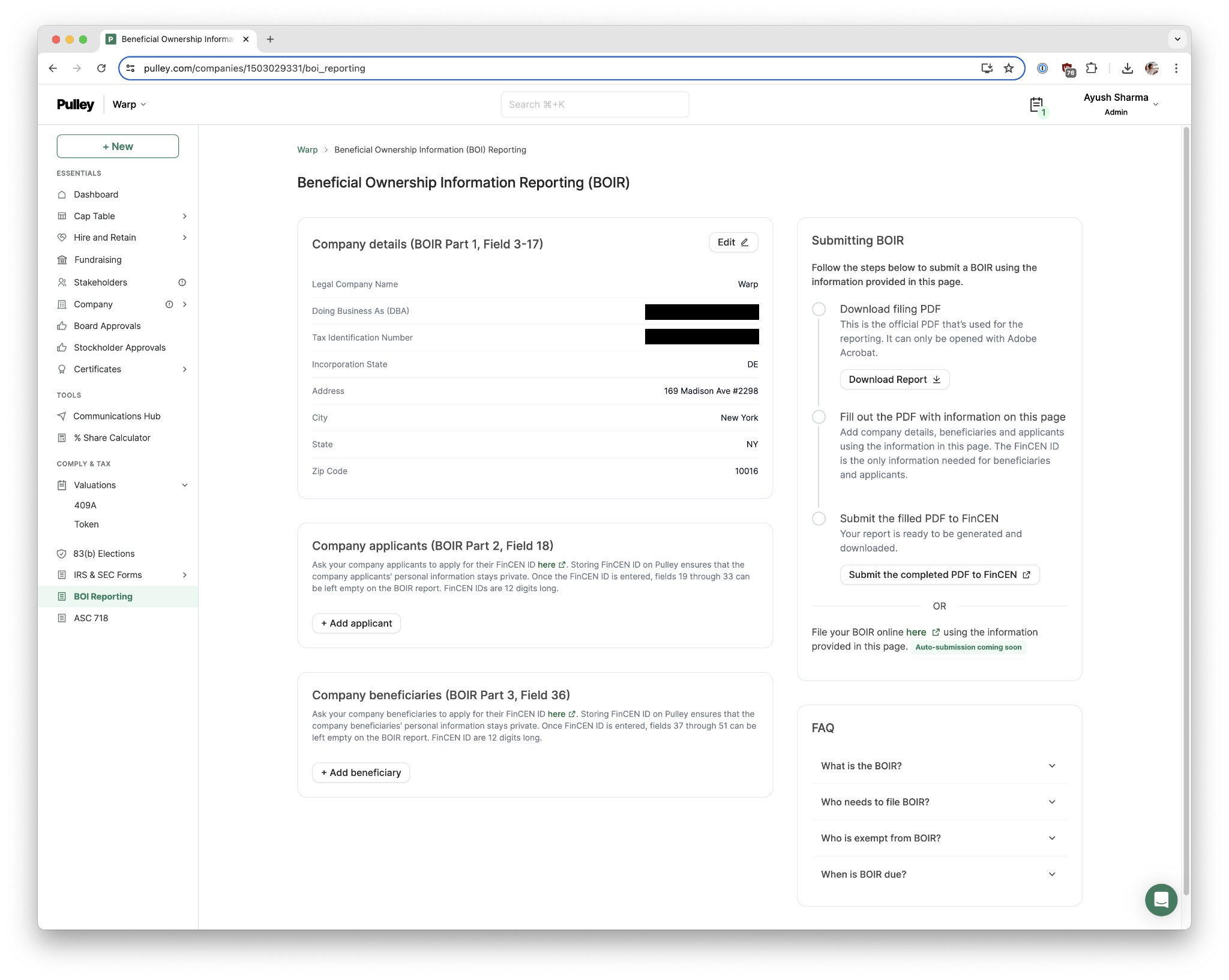 Pulley FinCEN filing interface